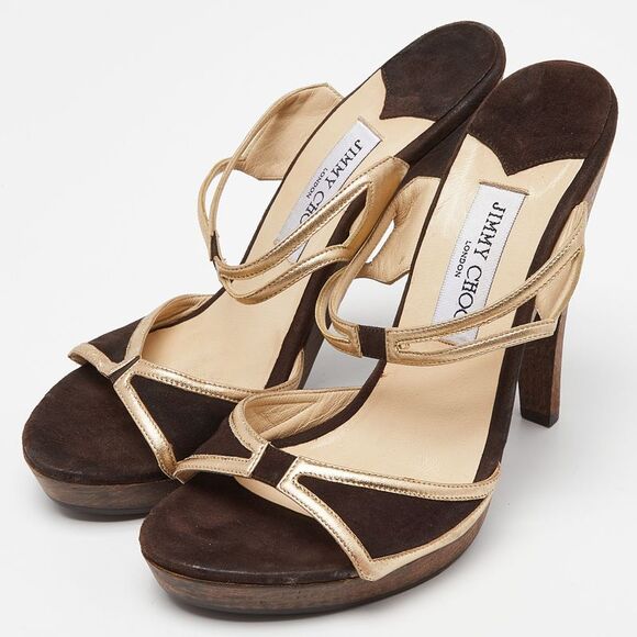 Jimmy Choo Brown/Metallic Gold Suede and Leather Strappy Platform Sandals - Picture 2 of 4